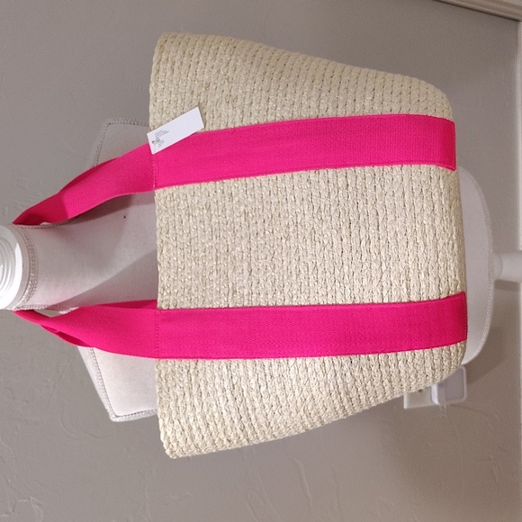 Off White Tote With Pink Straps Large Beach Tote Bag - Picture 2 of 4